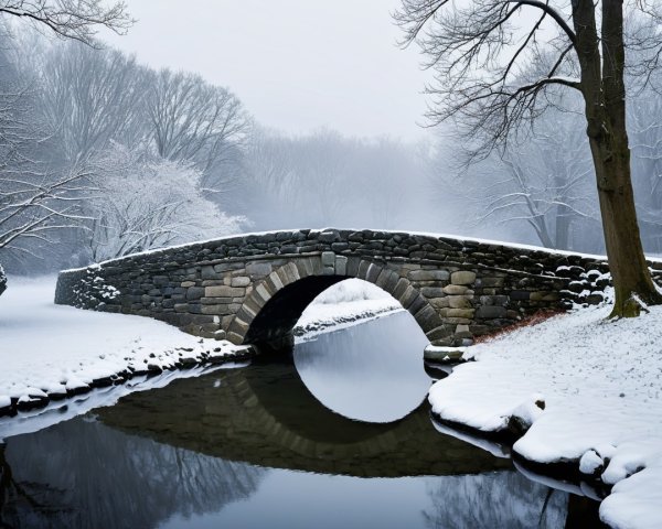 Snow-Covered Stone Arch Bridge in Winter Landscape