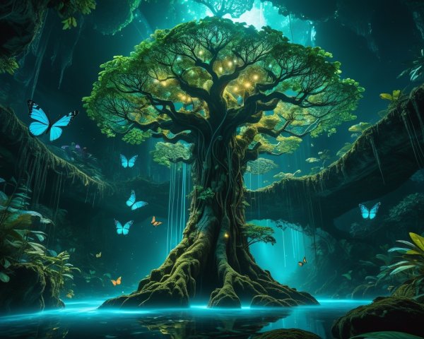 Fantasy World with Bioluminescent Cave and Butterflies