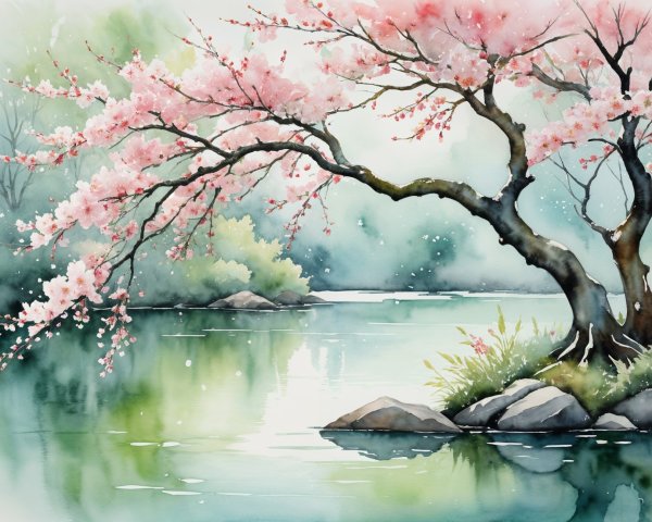 Tranquil Riverbank with Cherry Blossoms in Watercolor