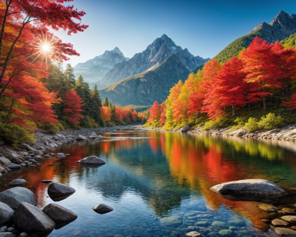 Serene Mountain Landscape with Autumn Foliage and River