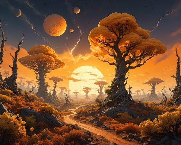 Alien Landscape with Twisted Trees and Sunset Planets