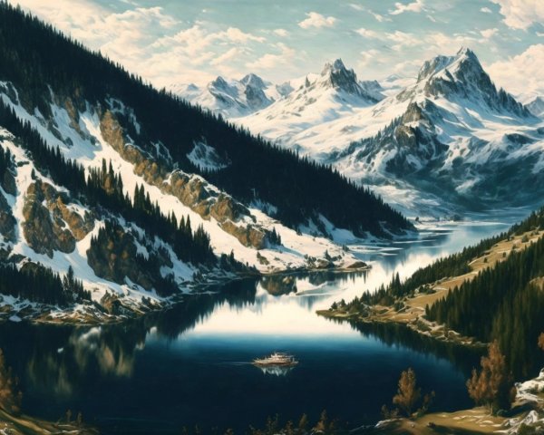 Tranquil Lake with Snow-Capped Mountains and Trees
