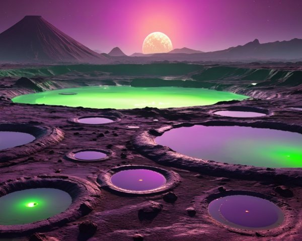 Surreal Alien Landscape with Luminous Pools and Volcano
