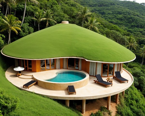 Unique villa with rounded green roof and circular pool