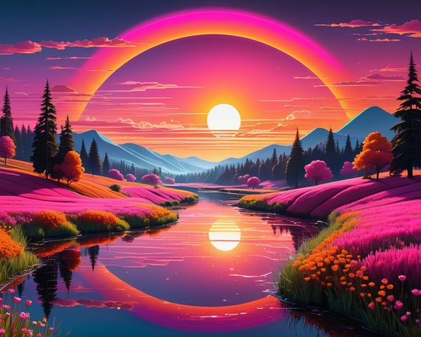 Vibrant Sunset Landscape with River and Flower Fields