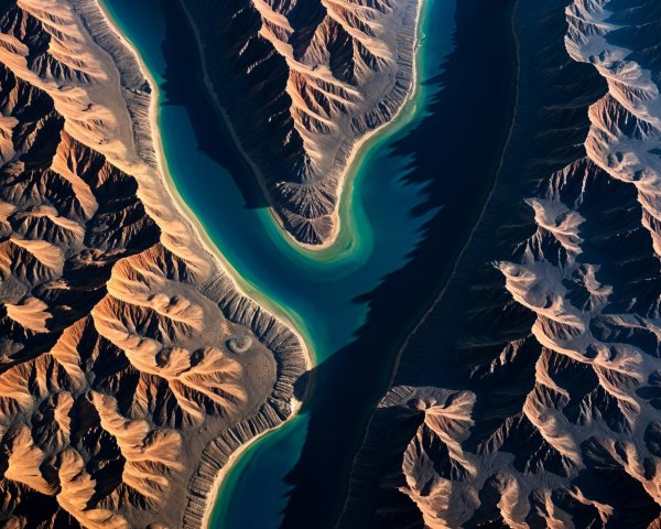 Aerial View of Winding River in Rugged Mountains