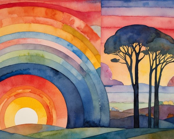 Vibrant Watercolor of Rainbow Over Setting Sun