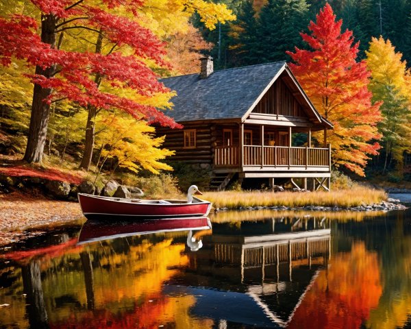 Rustic Cabin by Tranquil Lake in Autumn Foliage