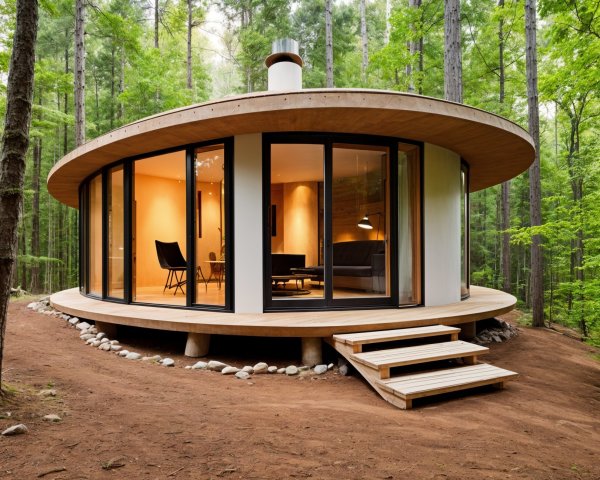 Modern Circular Cabin Surrounded by Lush Forest