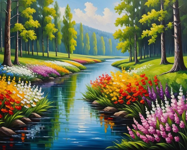 Vibrant Landscape with Serene River and Flower Beds