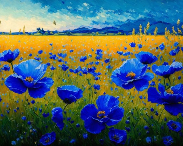 Vibrant Landscape with Wheat Field and Blue Flowers