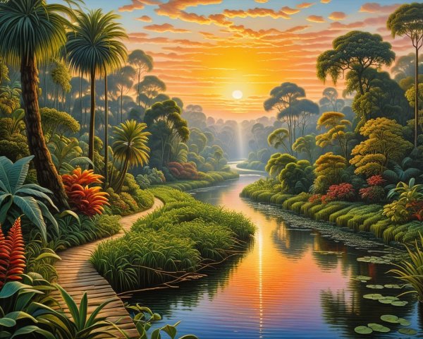 Vibrant Sunset Over Tranquil River and Lush Vegetation