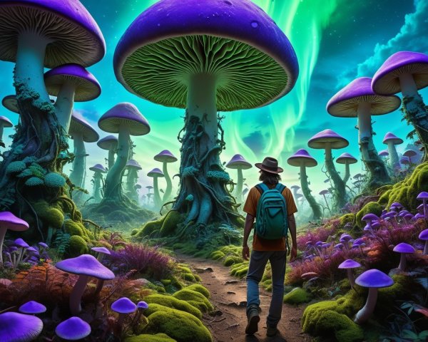 Winding Path Among Luminous Mushrooms and Aurora Sky