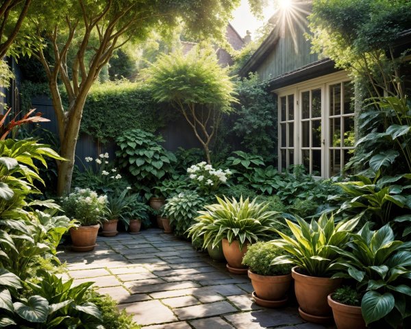 Tranquil Garden Pathway with Lush Foliage and Flowers