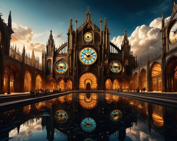 Gothic Cathedral with Ornate Clock Faces and Reflection