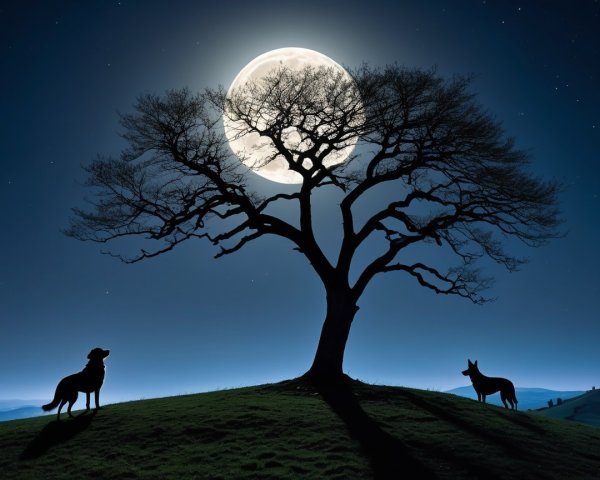 Night Scene with Tree, Dogs, Moon, and Stars
