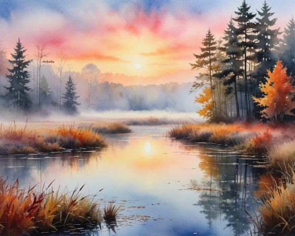 Serene Dawn Landscape with Calm River and Autumn Foliage