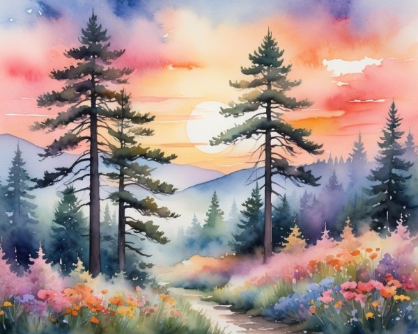 Serene Watercolor Landscape with Sunset and Pines