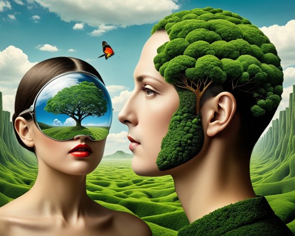 Surreal Landscape Featuring Nature-Infused Figures