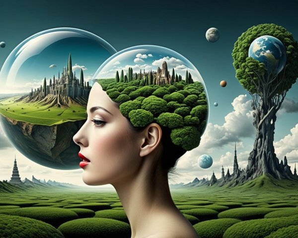 Surreal Portrait of Woman in Bubbles with Landscapes