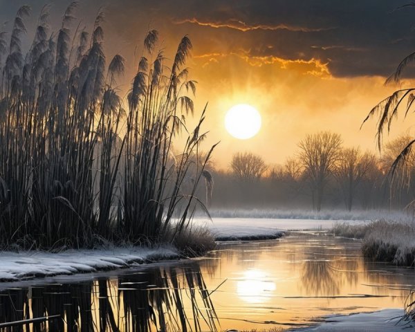 Serene Winter Landscape with Sunset and River
