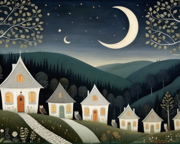 Serene Night Landscape with Charming Houses and Moon