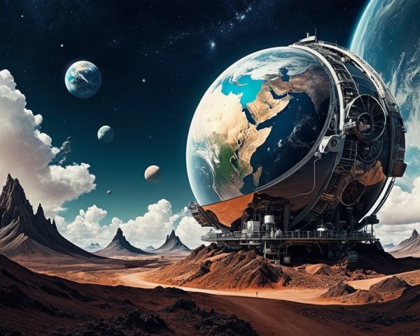 Futuristic Landscape with Globe and Cosmic Elements