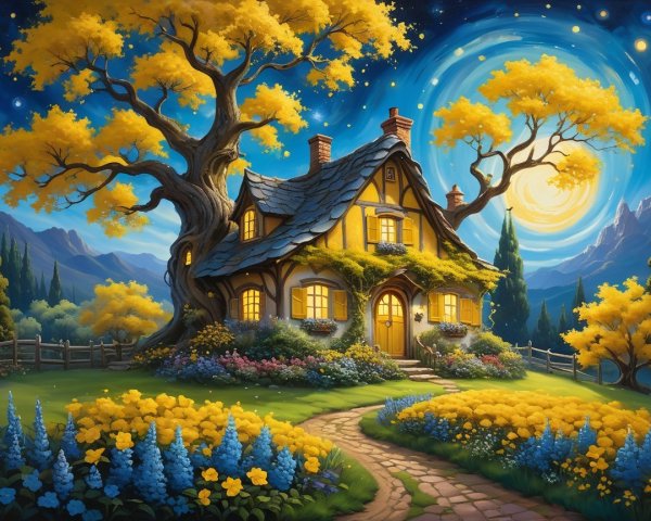 Charming Yellow Cottage in a Serene Landscape
