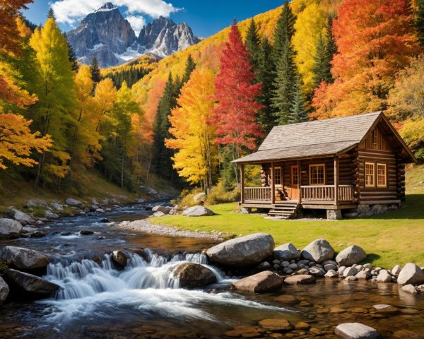 Wooden Cabin by Stream Amidst Autumn Foliage and Mountains