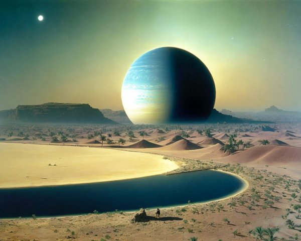 Surreal Desert Landscape with Giant Planet and Lake