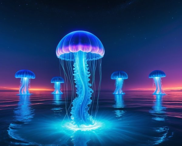 Glowing Jellyfish in Dark Water with Bioluminescent Tentacles