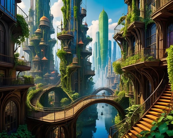 Verdant Fantasy Cityscape with Canals and Skyscrapers