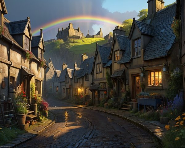Charming Cobblestone Street with Colorful Cottages