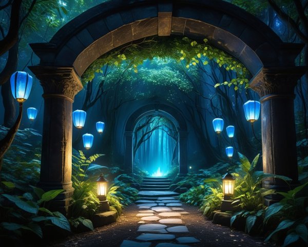 Mystical Pathway Through Ancient Archway in Forest