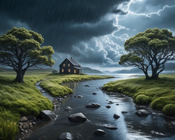 Cozy House Under Stormy Clouds with Serene River