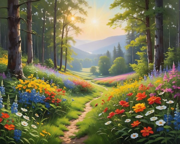 Vibrant Landscape with Winding Path and Colorful Flowers