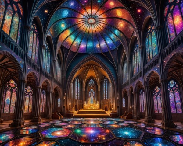 Vibrant Cathedral with Stained Glass Cosmic Motifs