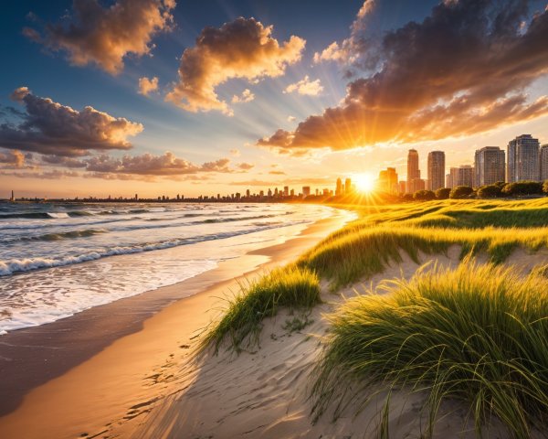 Beach Sunset with Clouds and Urban Skyline