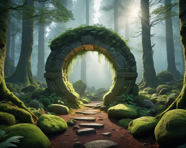 Ancient Stone Archway Surrounded by Lush Forest Greenery