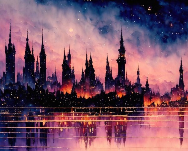 Watercolor Landscape of a Fantastical City Skyline