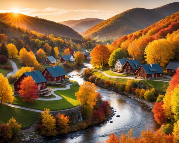 Autumn Landscape with Red-Roofed Houses and River