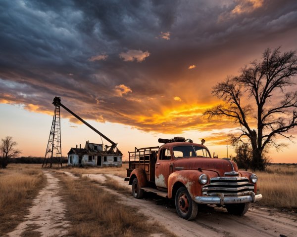 Old Rusted Truck by Abandoned Farmhouse at Sunset