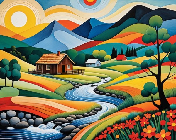 Vibrant Landscape with Hills, Cabin, and River
