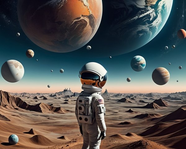 Astronaut Observing Cosmic Landscape with Planets and Stars
