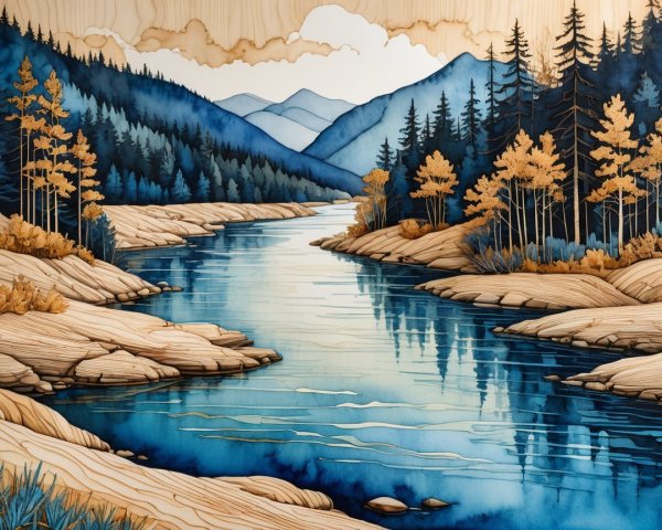 Serene Landscape with River and Majestic Mountains