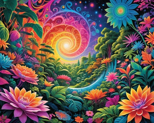 Psychedelic Jungle Landscape with Colorful Galaxy Backdrop