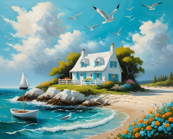 Coastal Scene with Cottage and Vibrant Nature