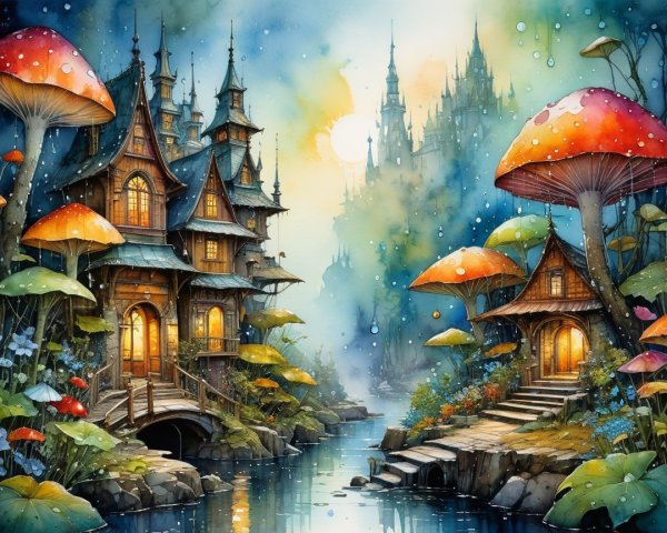 Whimsical Landscape with Wooden Houses and Castles