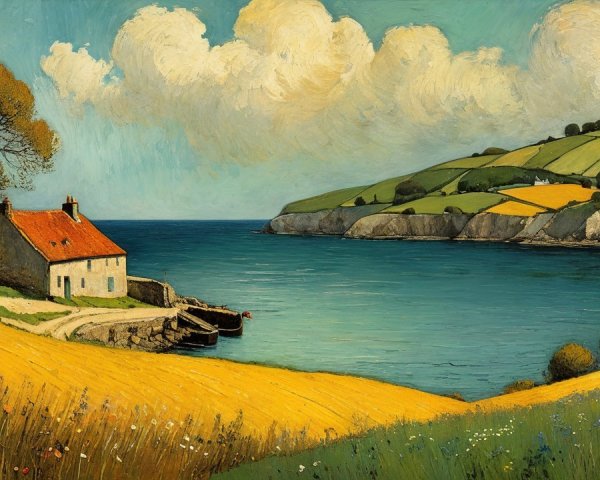 Coastal Landscape with Cottage and Bay View