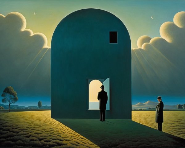 Figures in Dark Suits by Arch-Shaped Structure